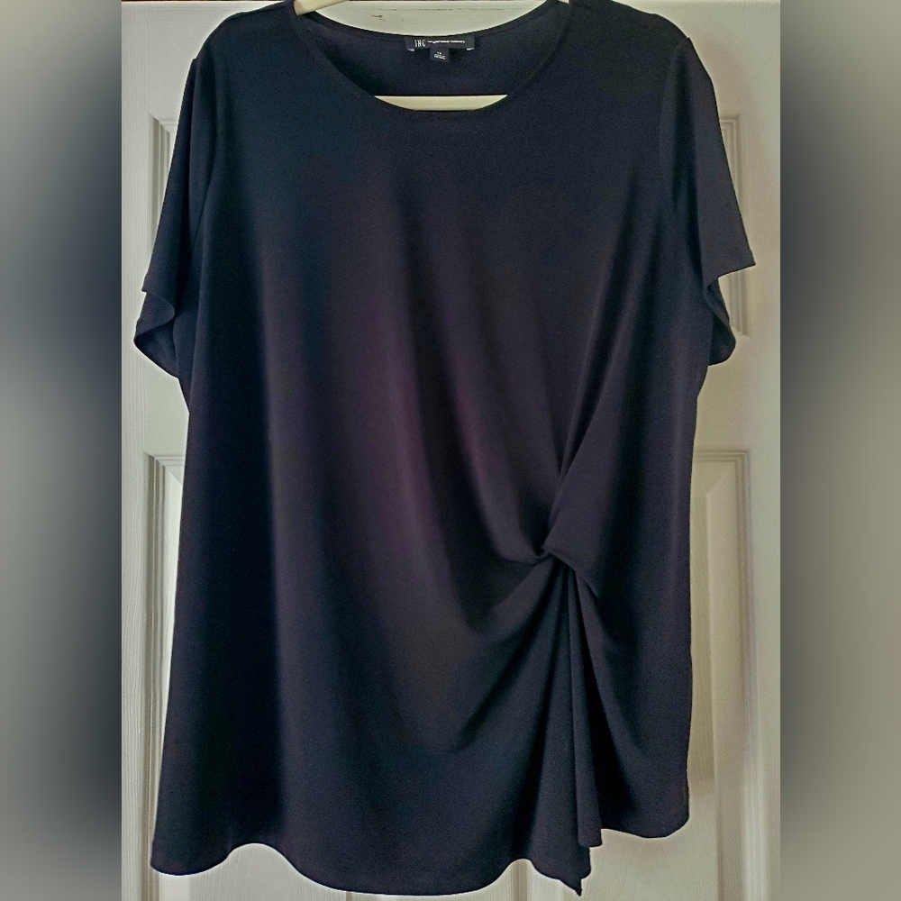 INC International Concepts Black Asymmetrical Short Sleeve Blouse EUC